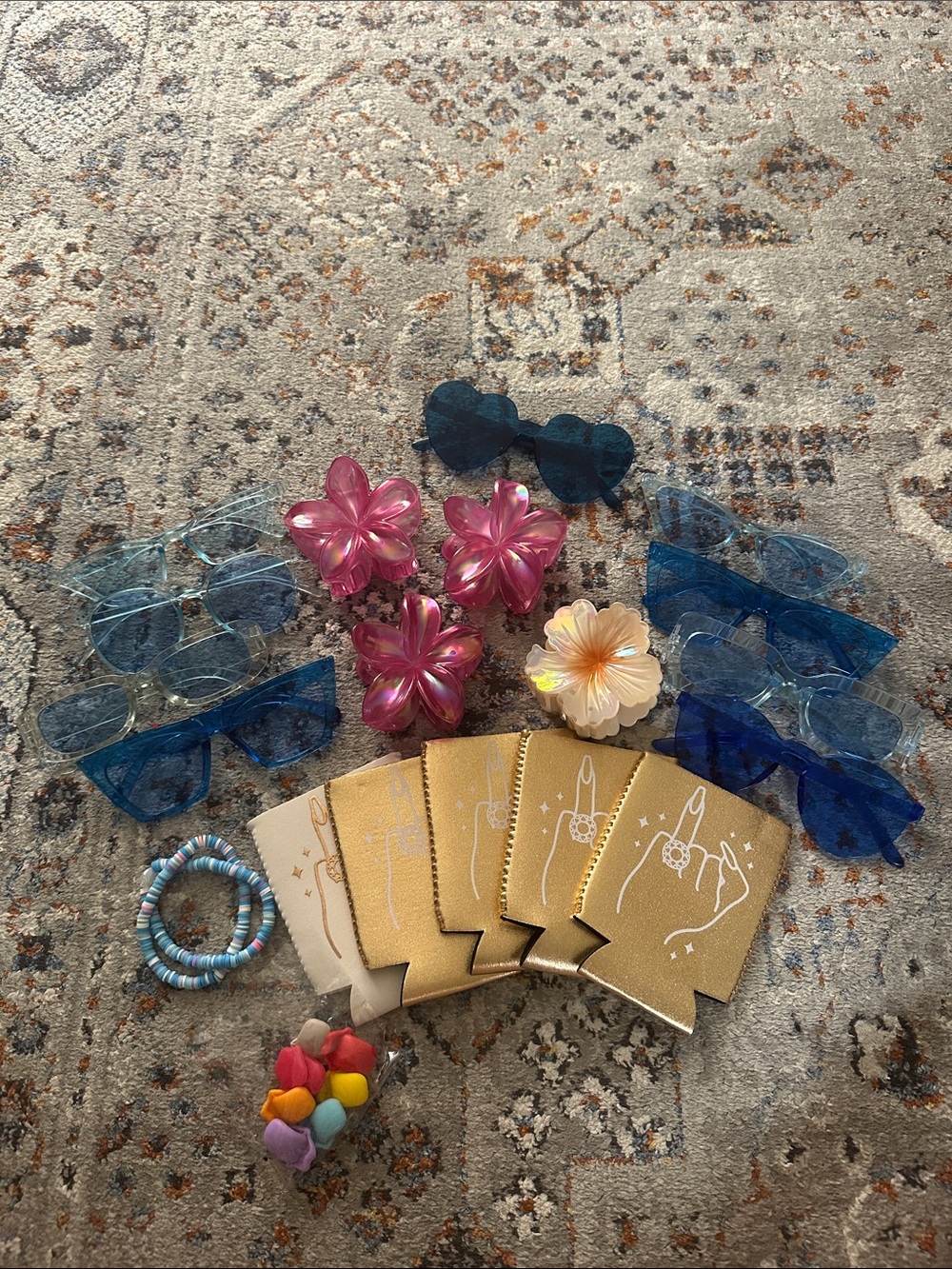 Bachelorette Party Lot Assorted Blue Sunglasses & Pink Flower Clips Set